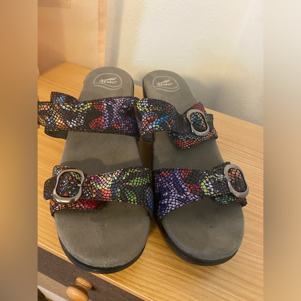 Dansko Leather snake print buckle sandals